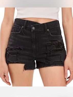 AMERICAN EAGLE Black High Rise Distressed Crossover Waist Denim Shorts Size 0